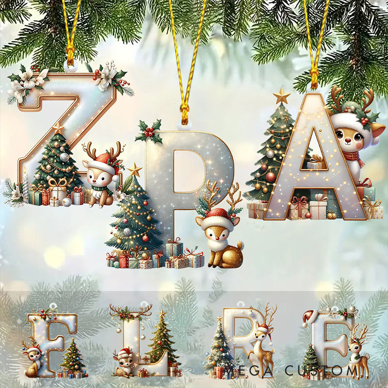 Personalized Reindeer Alphabet Ornament with Custom Letter and Festive Holiday Scene Perfect for Joyful Christmas Decor Christmas Ornament