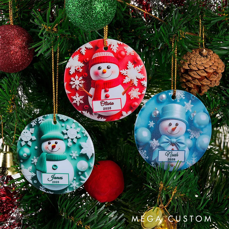 Personalized Faux 3D Snowman Snowflake Ceramic Ornament with Name and Year Christmas Tree Home Decor Holiday Gift for Family Kids