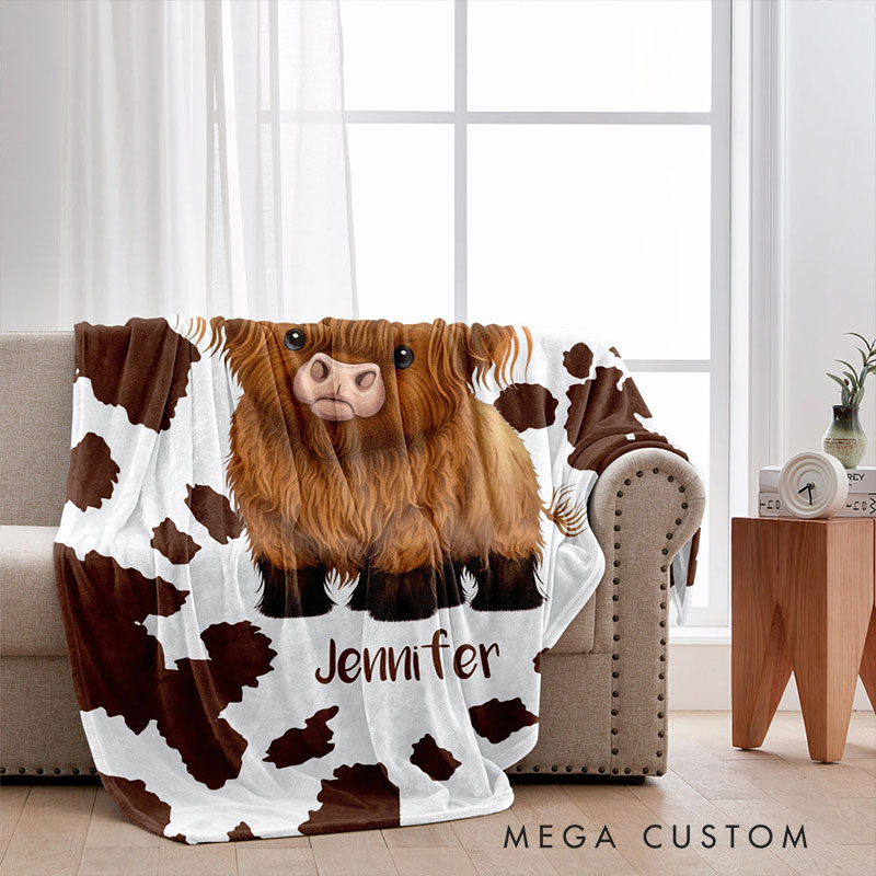 Personalized Highland Cow Blanket with Custom Name and Cute Farm Animal Design Perfect for Cozy Comfort Blanket