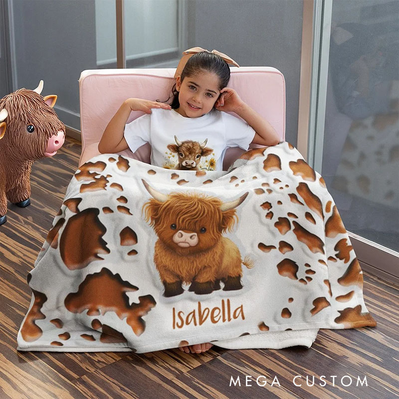 Personalized Highland Cow Blanket with Custom Name and Cute Farm Animal Design Perfect for Cozy Comfort Blanket Kids Family Gift
