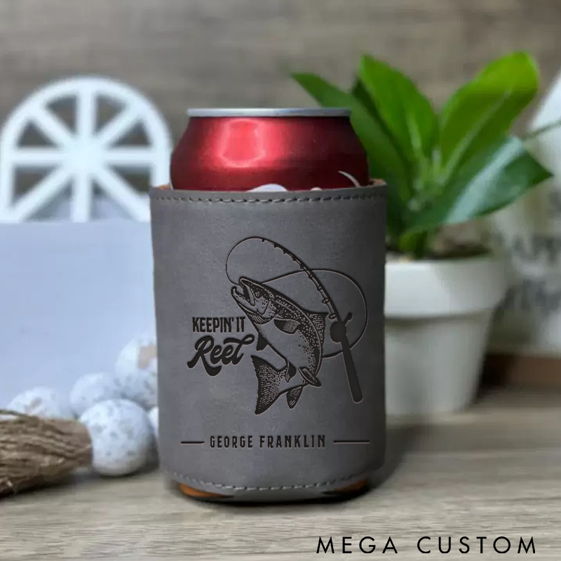 Personalized Leather Can Cooler Custom Engraved Fishing Design Insulated Drink Holder for Outdoor Adventures and Anglers Gifts