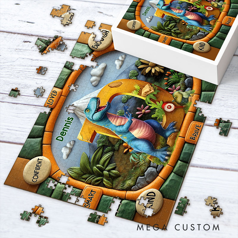 Personalized Dinosaur Name Puzzle with Custom Letter and Encouraging Words Perfect for Fun and Educational Playtime Kid Photo Puzzle