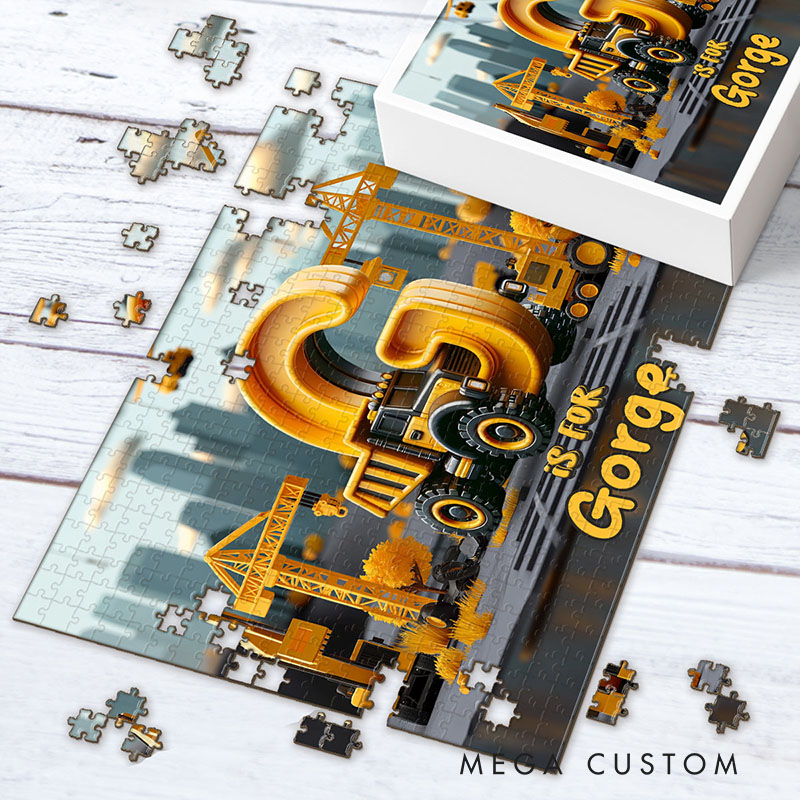 Personalized Construction Alphabet Puzzle with Custom Name and Bold Industrial Scene Perfect for Creative Playtime Kid Puzzle