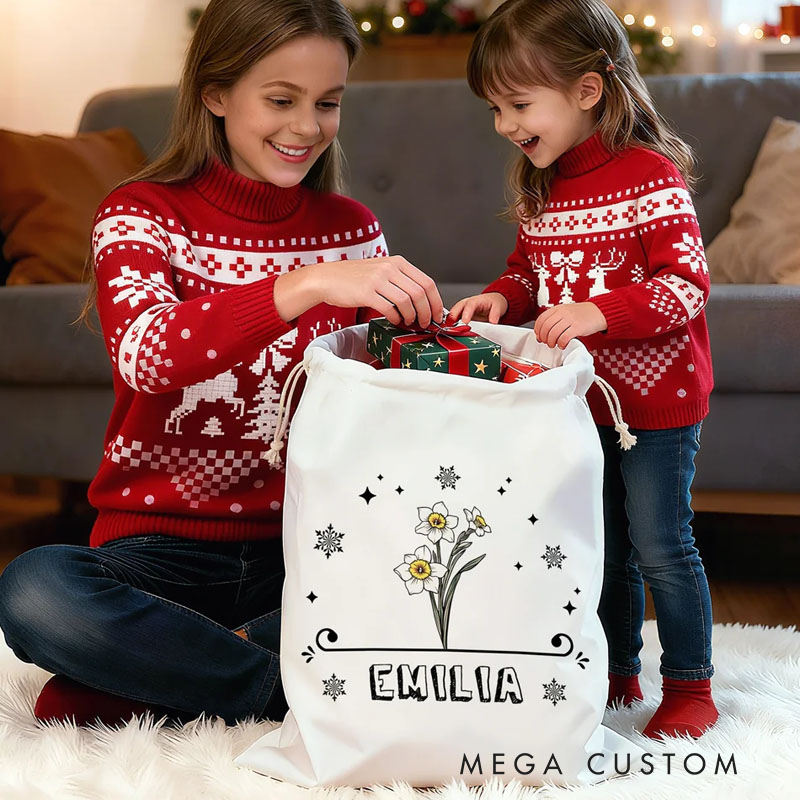 Personalized Birth Flower Drawstring Gift Bag with Name Birthday Anniversary Christmas Gift for Kids Family Friends