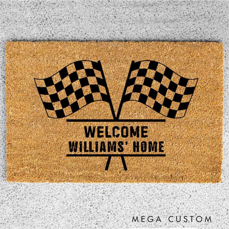 Personalized Doormat with Racing Flag Design Thoughtful Gift for Racer and Racing Lovers