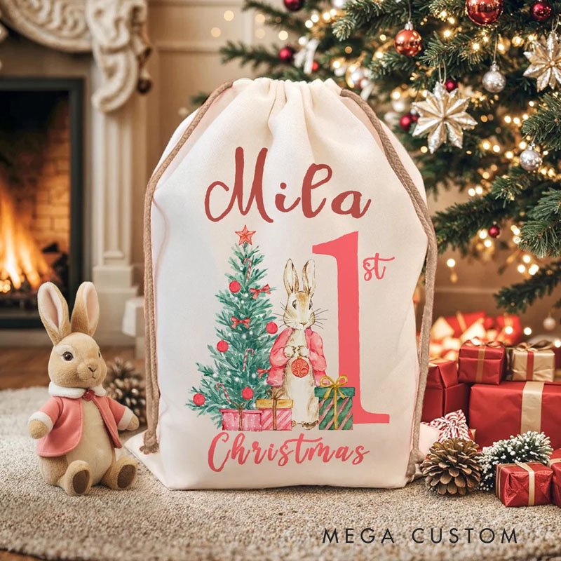 Personalized First Christmas Santa Claus Peter Rabbit Drawstring Canvas Gift Bag with Name Christmas Gift for Baby Family