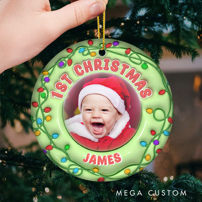  Personalized Ornament Ceramic Round Shaped First Christmas Gift For Baby Custom Photo Happy Christmas Baby Family