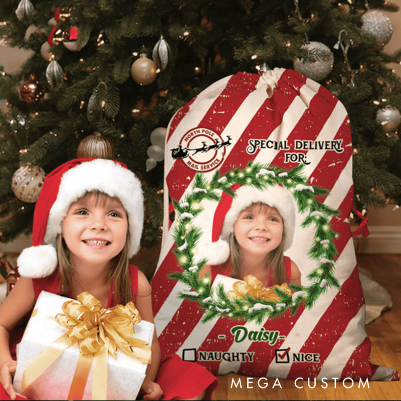 Personalized Festive Striped Christmas Bag with Custom Photo and Name Perfect for Holiday Gift Giving and Celebrations Christmas Bag