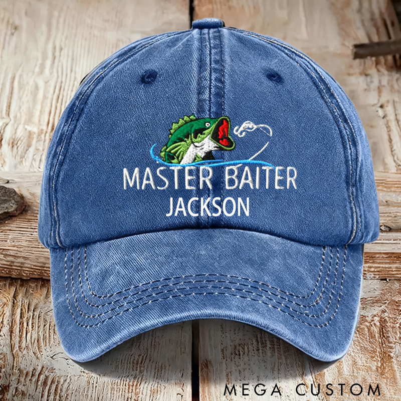 Personalized Master Baiter Fishing Hat Embroidered Bass Fishing Hat Master Baiter Fisherman Dad Hat Custom Name Funny and Personalized Cap for Fishing Enthusiasts