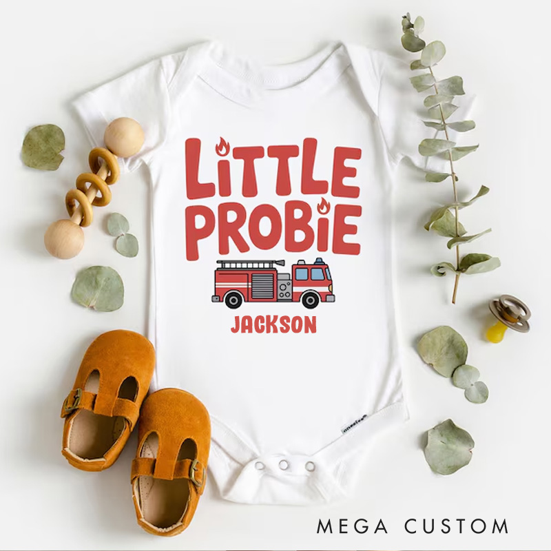 Personalized Firefighter Inspired Baby Bodysuit with Cute Little Probie Text and Adorable Fire Truck Graphic Baby Bodysuit