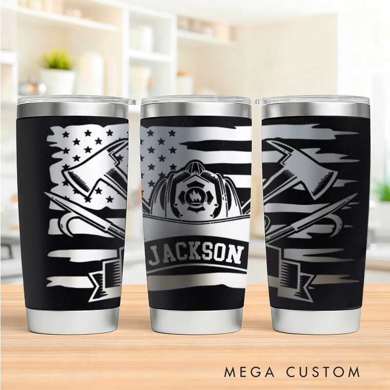 Personalized Multicolor Firefighter Engraved Steel Tumbler with Custom Name Helmet and Axe Design Durable Gift for Firefighters