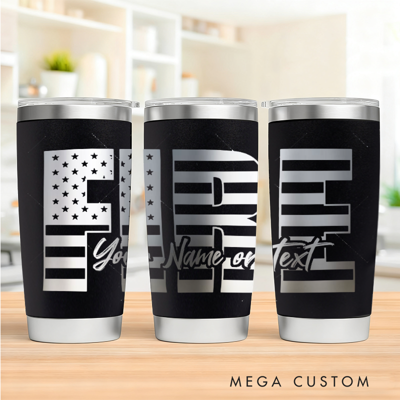 Personalized Multicolor Firefighter Engraved Steel Tumbler with Custom Name and American Flag Design Durable Gift for Firefighters