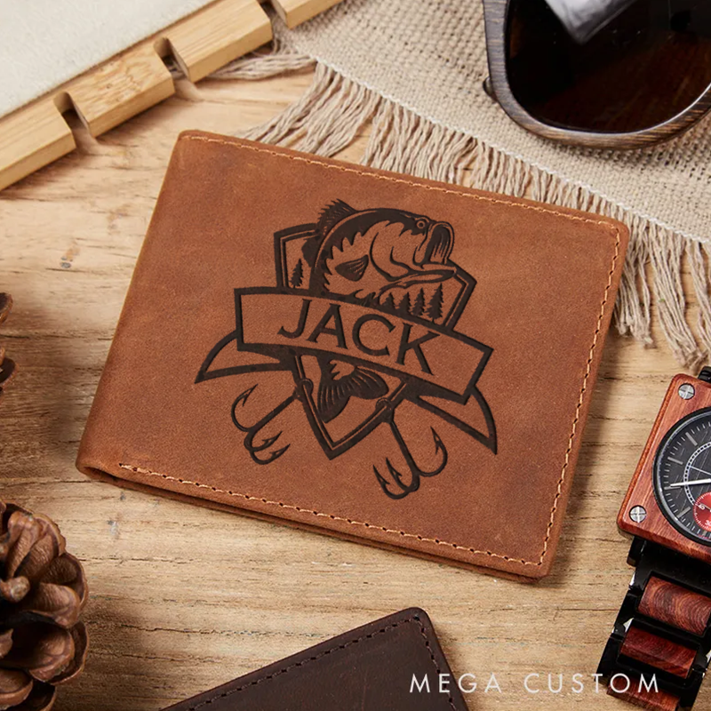 Personalized Leather Fishing Wallet Fisherman Wallet Fathers Day Gift Husband wallet Hunting Wallet Multi-Card Slots Perfect Gift for Fishing Enthusiasts and Outdoor Lovers