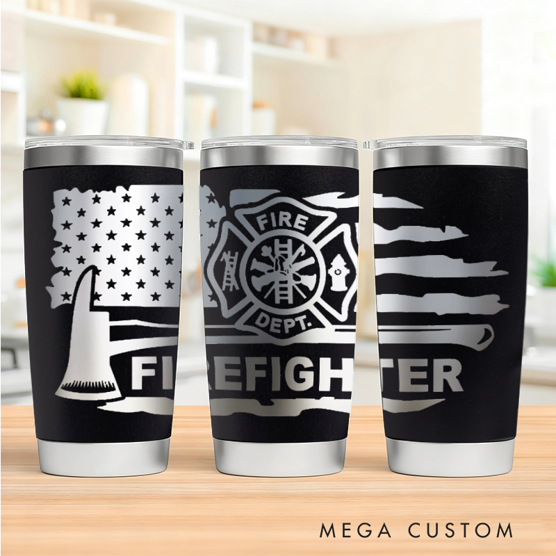 Personalized Multicolor Firefighter Engraved Steel Tumbler with Fire Department Logo Axe and American Flag Design Durable Gift for Firefighters