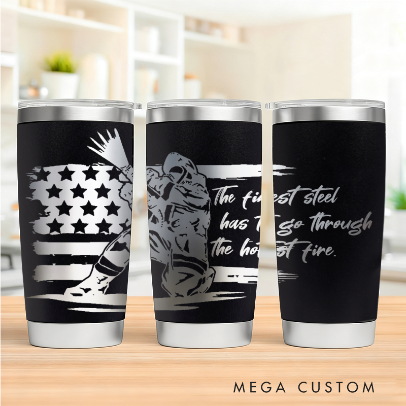 Personalized Multicolor Firefighter Engraved Steel Tumbler American Flag Design Durable Gift for Firefighters