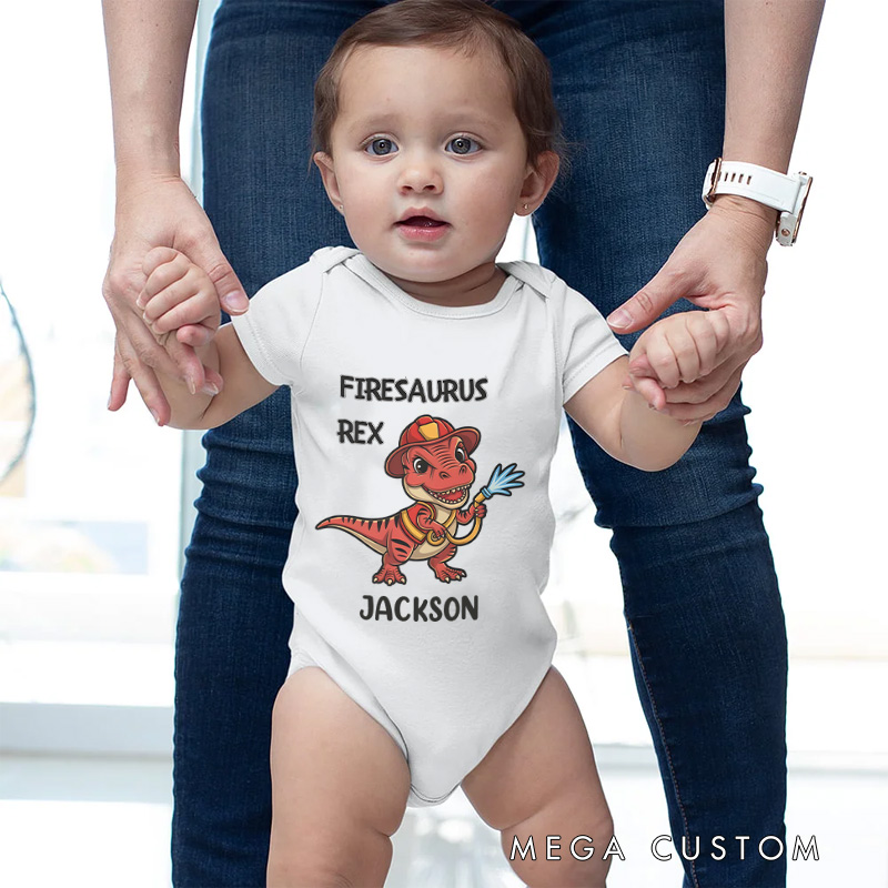 Personalized Dinosaur Firefighter Baby Bodysuit with Cute Firesaurus Rex Graphic and Custom Name for Little Heroes Baby Bodysuit
