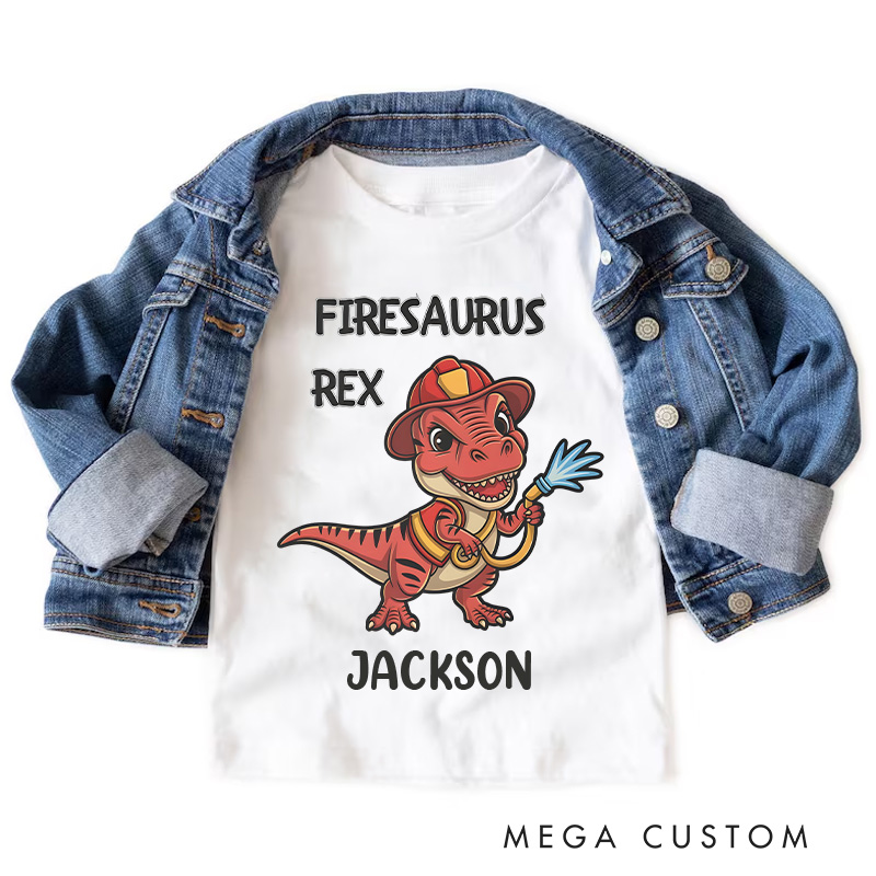 Personalized Dinosaur Firefighter Kids T-Shirt with Adorable Firesaurus Rex Graphic and Custom Name for Fun Adventures Kids T-Shirt