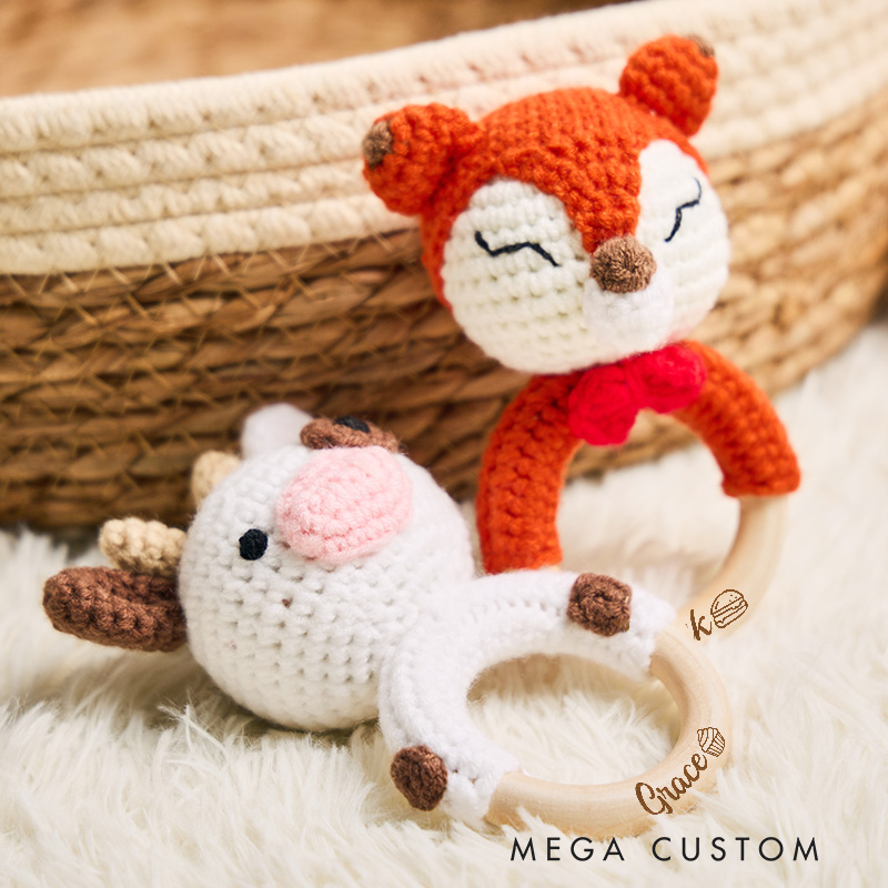 Personalized Crochet Baby Rattle Toy for Girls and Boys Wooden Rattle Baby Shower Gift Newborn Gift