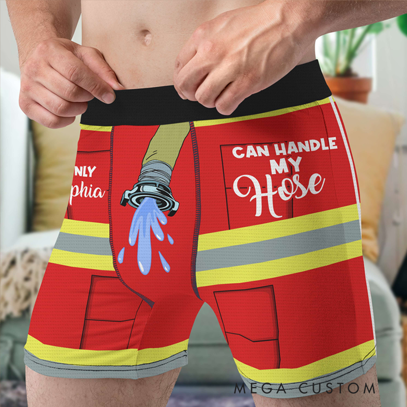 Personalized Firefighter Themed Funny Boxers Custom Name and Playful Hose Design Unique Gift for Firefighters