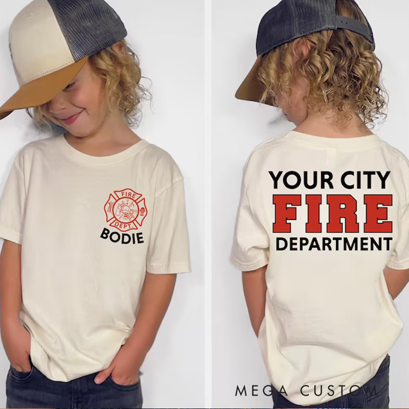 Personalized Fire Department Kids T-Shirt with Custom Name and Bold Chicago Firefighter Emblem for Little Heroes Kids T-Shirt