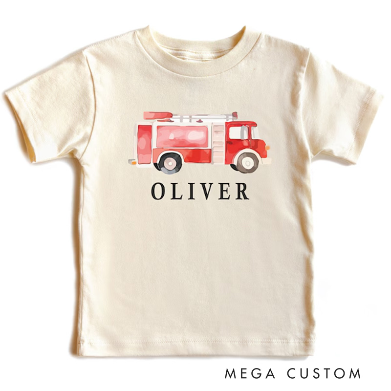 Personalized Fire Truck Kids T-Shirt with Custom Name and Adorable Red Fire Engine Graphic for Little Heroes Kids T-Shirt