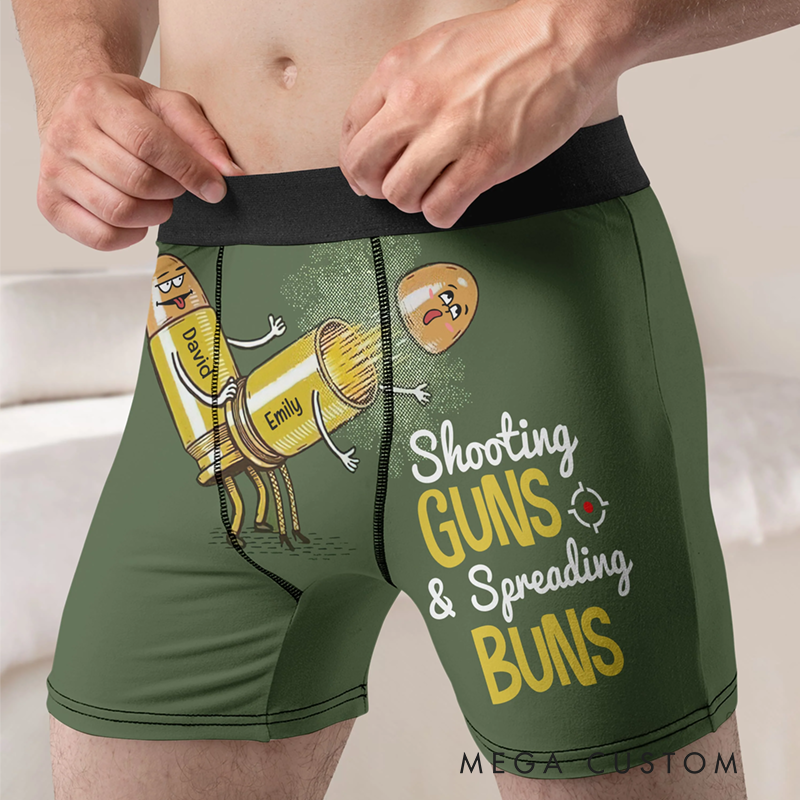 Personalized Funny Boxers with Bullet Design and Shooting Guns Spreading Buns Humorous Gift for Police Officers