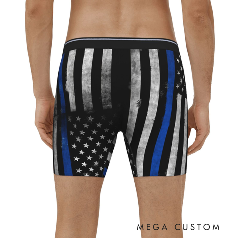 Personalized Police Themed Boxers with Thin Blue Line American Flag Design Custom Name Gift for Police Officers