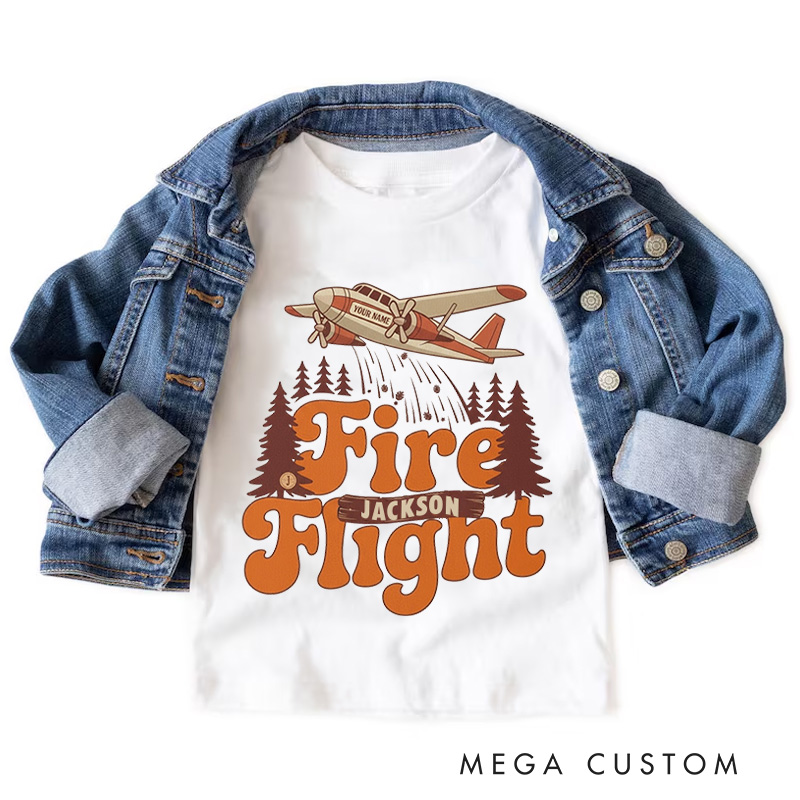 Personalized Fire Flight Kids T-Shirt with Custom Name and Retro Aerial Firefighter Plane Graphic for Little Adventurers Kids T-Shirt