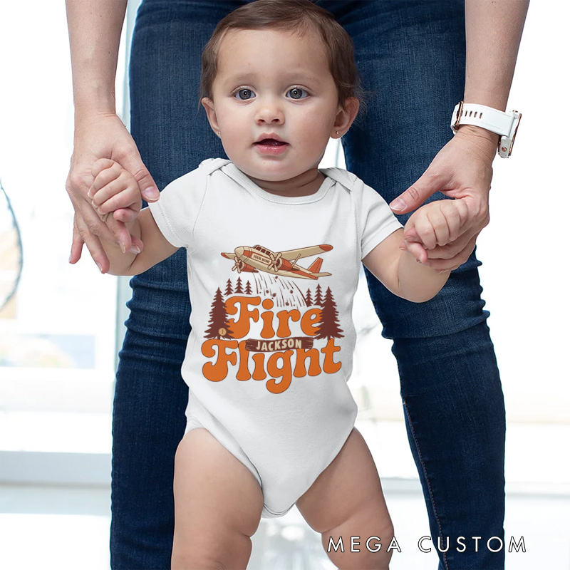 Personalized Fire Flight Baby Bodysuit with Custom Name and Vintage Aerial Firefighter Plane Graphic for Little Adventurers Baby Bodysuit