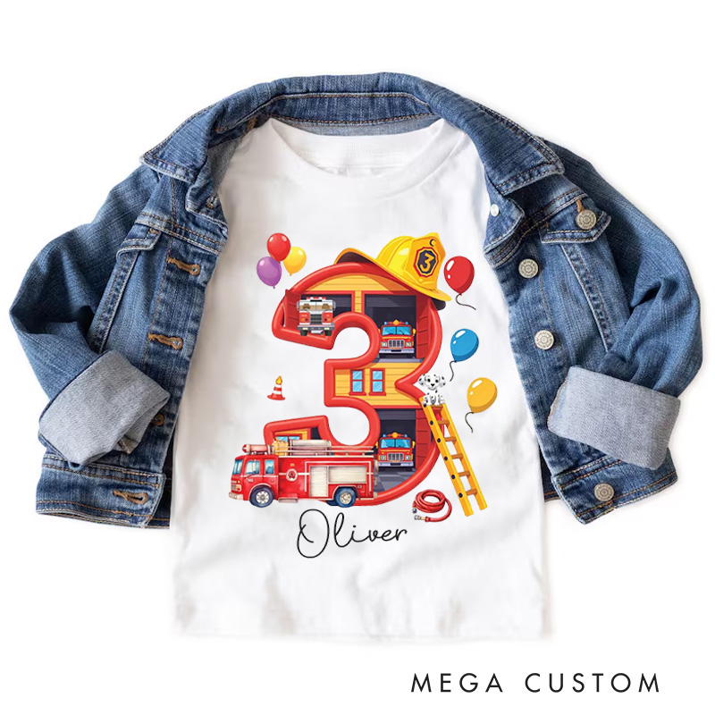 Personalized Fire Truck Birthday Kids T-Shirt with Custom Name and Colorful Birth Number Three Graphic for Celebrating Little Heroes Kids T-Shirt