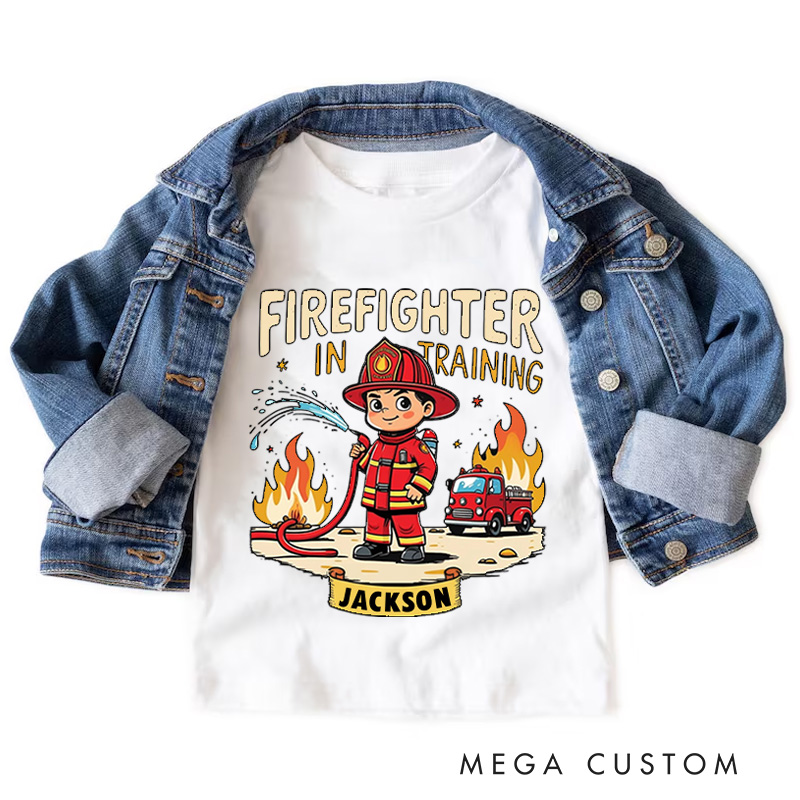 Personalized Firefighter in Training Kids T-Shirt with Custom Name and Cute Cartoon Firefighter Graphic for Aspiring Heroes Kids T-Shirt