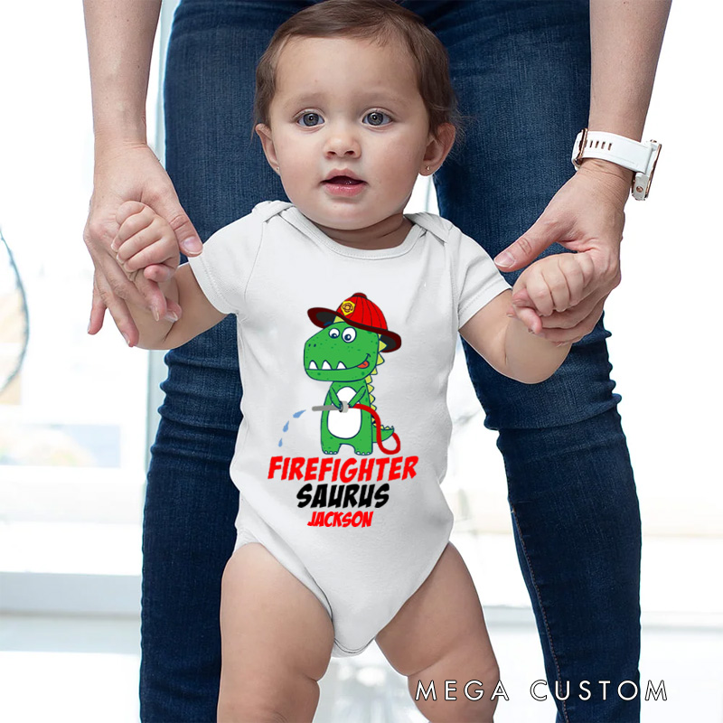 Personalized Firefighter Saurus Baby Bodysuit with Custom Name and Cute Dinosaur Firefighter Graphic for Little Heroes Baby Bodysuit