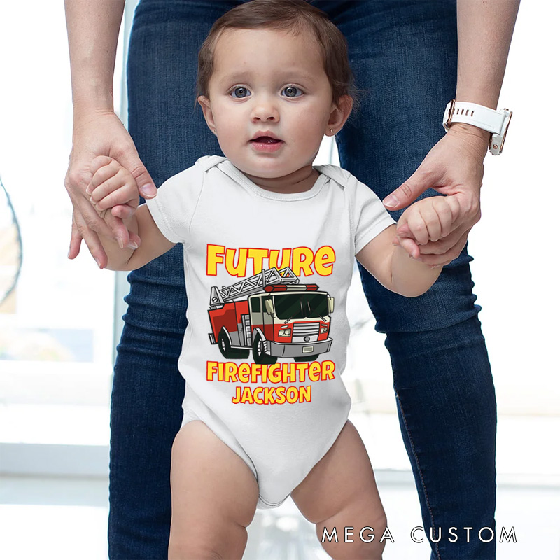 Personalized Future Firefighter Baby Bodysuit with Custom Name and Bold Fire Truck Graphic for Aspiring Heroes Baby Bodysuit