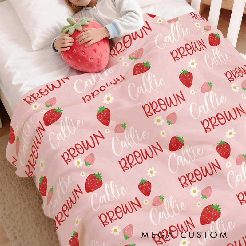 Personalized Flower Strawberry Peach Cherry Pink Soft Throw Blanket with Name Home Decor Birthday Christmas Gift for Girls