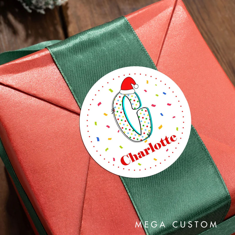 Personalized Santa Hat Initial Colorful Fireworks Waterproof Stickers with Name Festival Party Christmas Gift for Kids