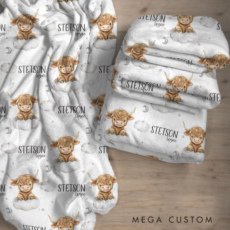 Personalized Cute Highland Cow Baby Blanket with Custom Name and Adorable Animal Graphic for Cozy Comfort Blanket