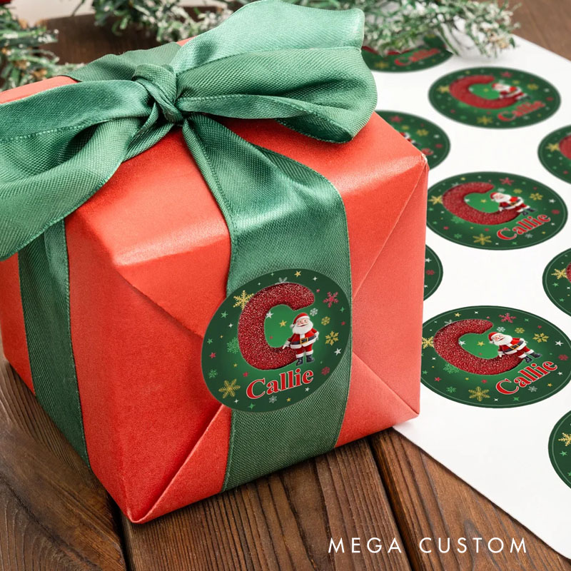 Personalized Cartoon Santa Claus Initial Waterproof Stickers with Name Gift Decor Christmas Party Favor for Friends Family