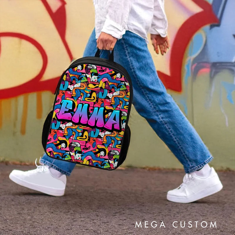 Personalized Colorful Graffiti Style Name Backpack Lunch Bag Pencil Case Set Back to School Birthday Gift for Boys Girls Students