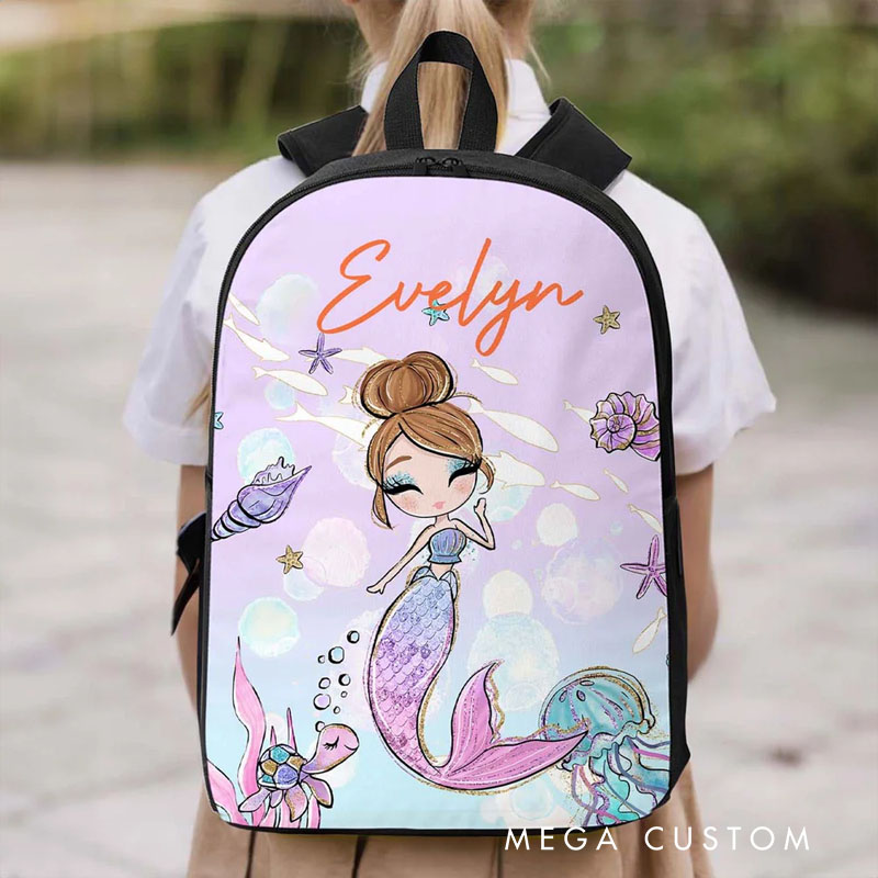 Personalized Cartoon Mermaid Backpack Luch Bag Pencil Case Set with Name Back to School Birthday Gift for Girls