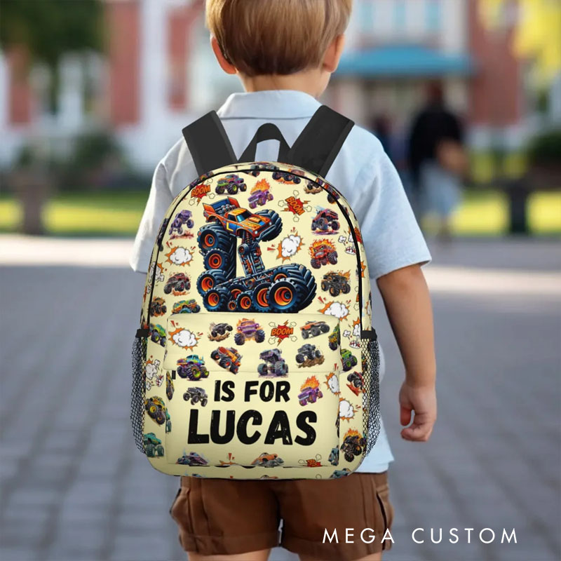Personalized Big Wheel Off-Road Truck Initial Large Kid Backpack with Name and Side Pockets Daily Use Back to School Birthday Gift for Kids