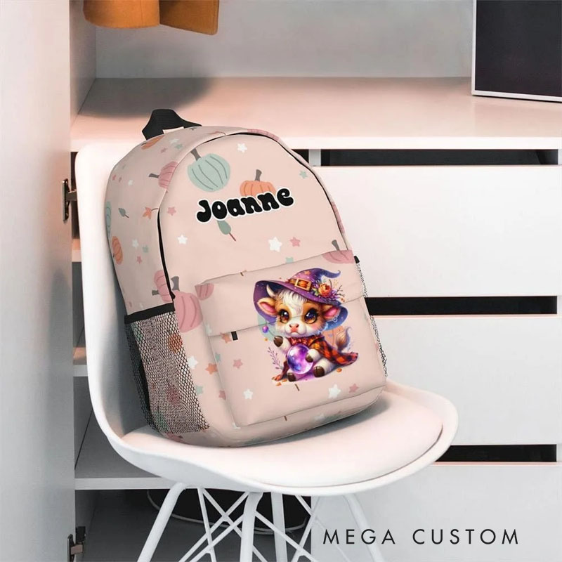 Personalized Highland Cow Pumpkin Design Waterproof Kid School Backpack with Name Halloween Fall Back to School Gift for Boys Girls