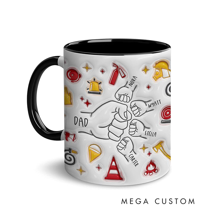 Personalized Firefighter Themed 3D Effect Mug with Dad and Kids Names Design Unique Gift for Firefighters