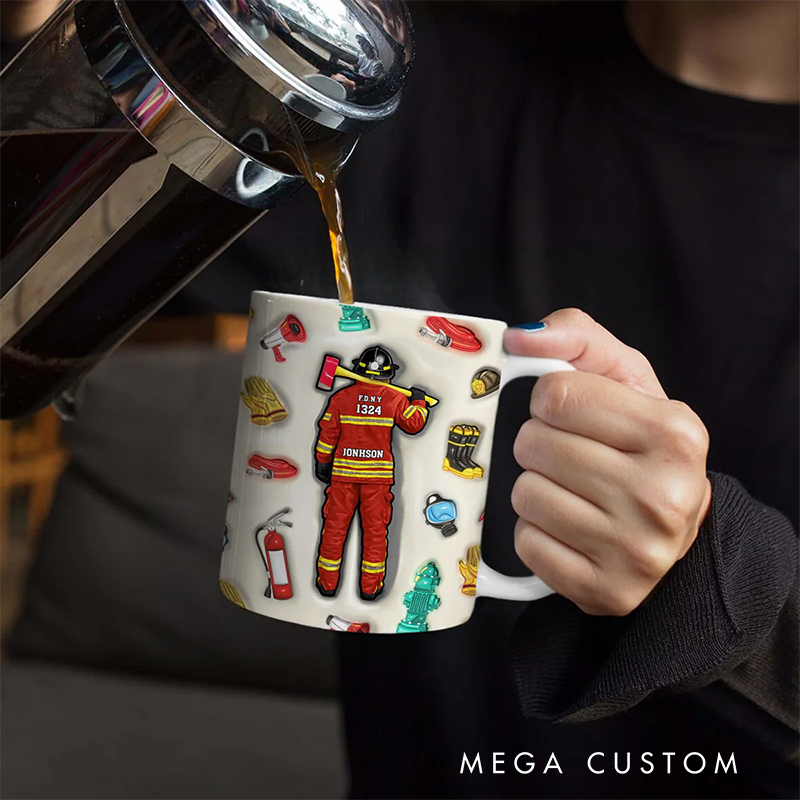 Personalized Firefighter 3D Effect Mug with Custom Name and Badge Number Gift for Firefighter