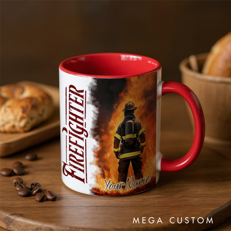 Personalized Firefighter Mug with Custom Name and Bold Fire Scene Design Gift for Firefighter