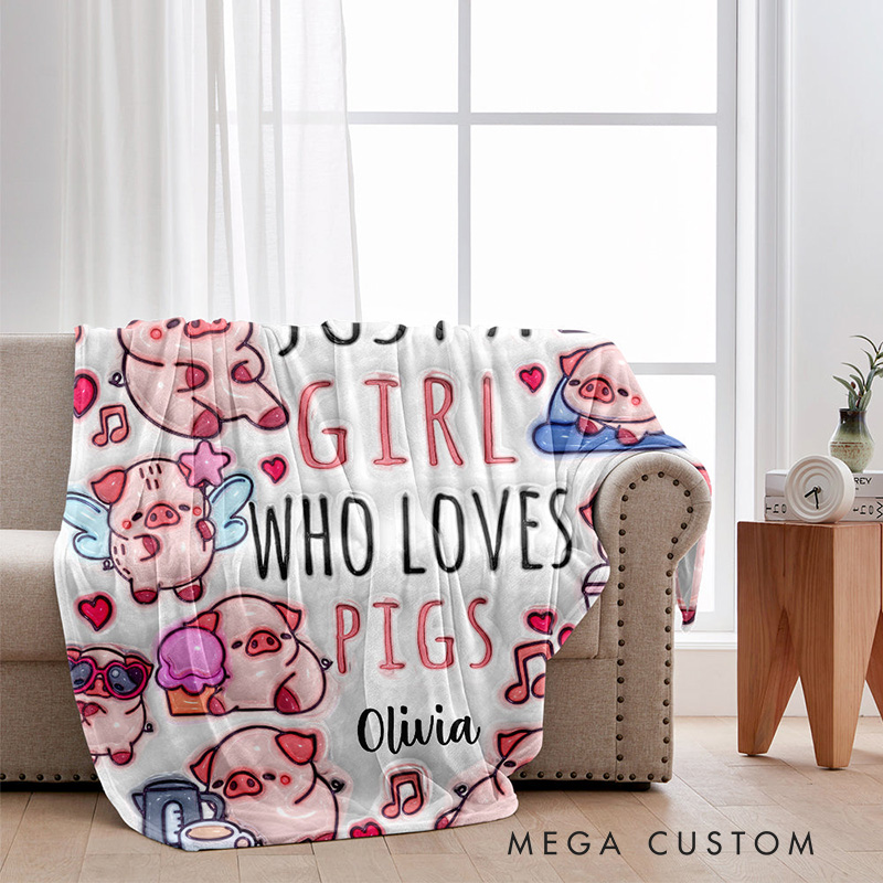 Personalized Pig Lover Blanket with Adorable Pig Illustrations and Custom Name for Pig Fans Blanket