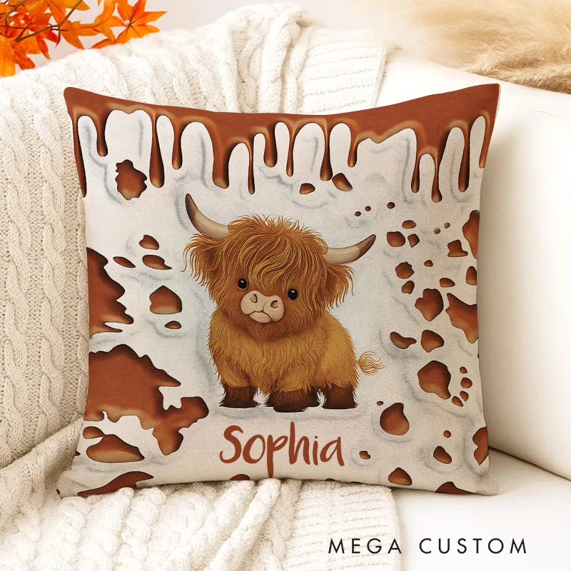 Personalized Highland Cow Pillow with Cute Cow Illustration and Custom Name for Animal Lovers and Cozy Decor Pillow