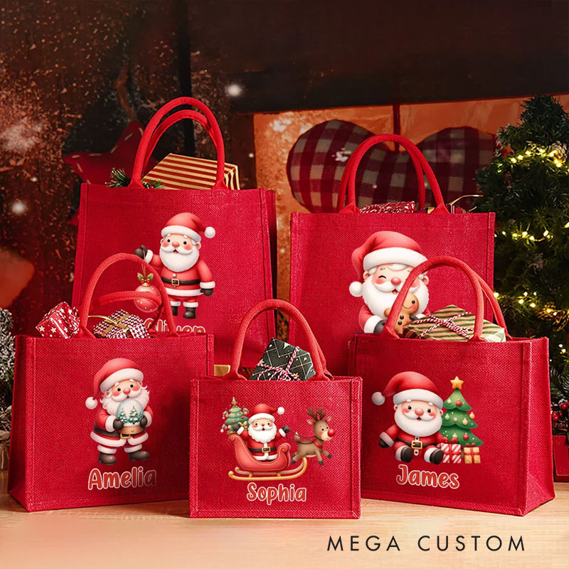 Personalized Cute Santa Character Large Red Jute Tote Bag with Name Daily Use Christmas Party Gift for Family Friends