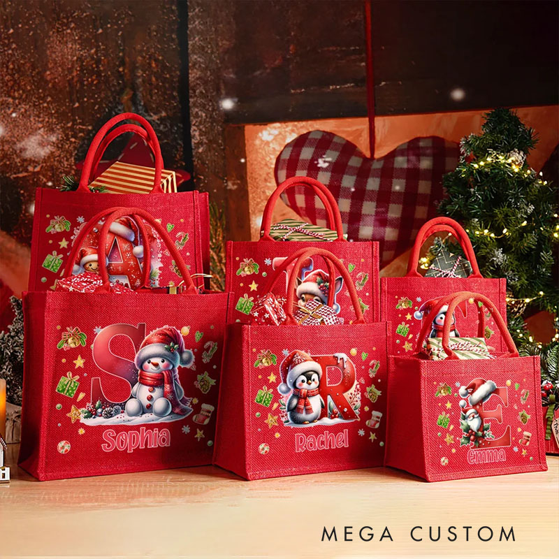 Personalized Cute Penguin Reindeer Gingerbread Man Reusable Red Jute Tote Gift Bag with Initial and Name Christmas Party Gift for Family Kids