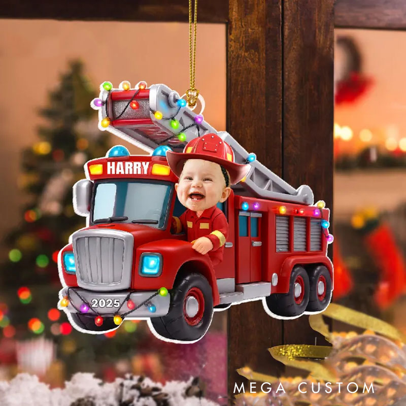 Personalized Fire Truck Christmas Ornament with Custom Photo and Name for Kids Who Love Fire Trucks Christmas Ornament