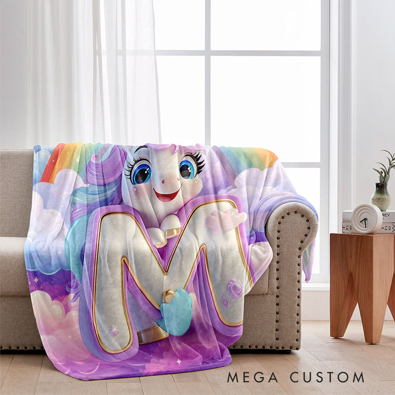 Personalized Unicorn Initial Blanket with Custom Letter and Rainbow Design for Kids and Cozy Bedroom Decor Blanket